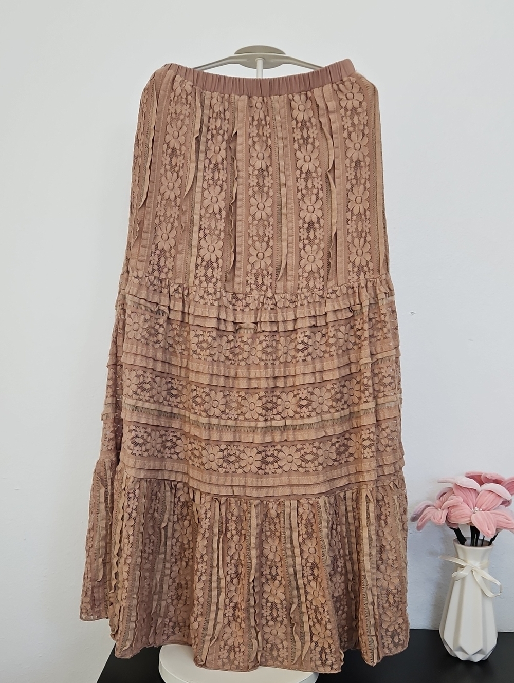 Solitaire Brown Floral Lace Tiered Maxi Skirt